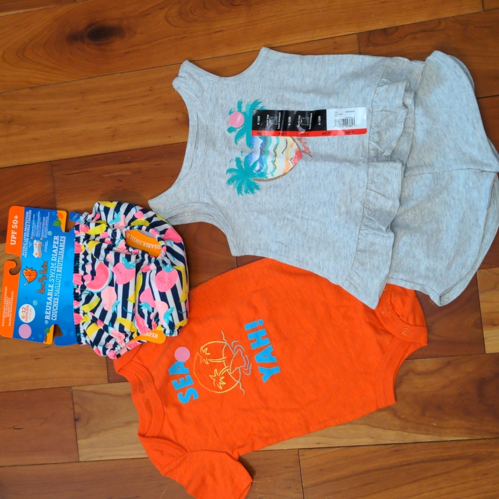 Baby Girl Swim Diaper Onesie & 2pc Outfit for Summer Size 6-12M